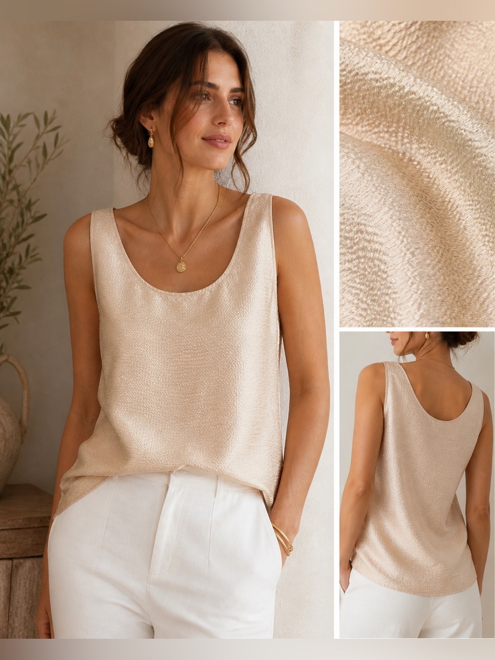 Silx 100% Silk Tank Top Beige Textured Sleeveless Blouse Medium